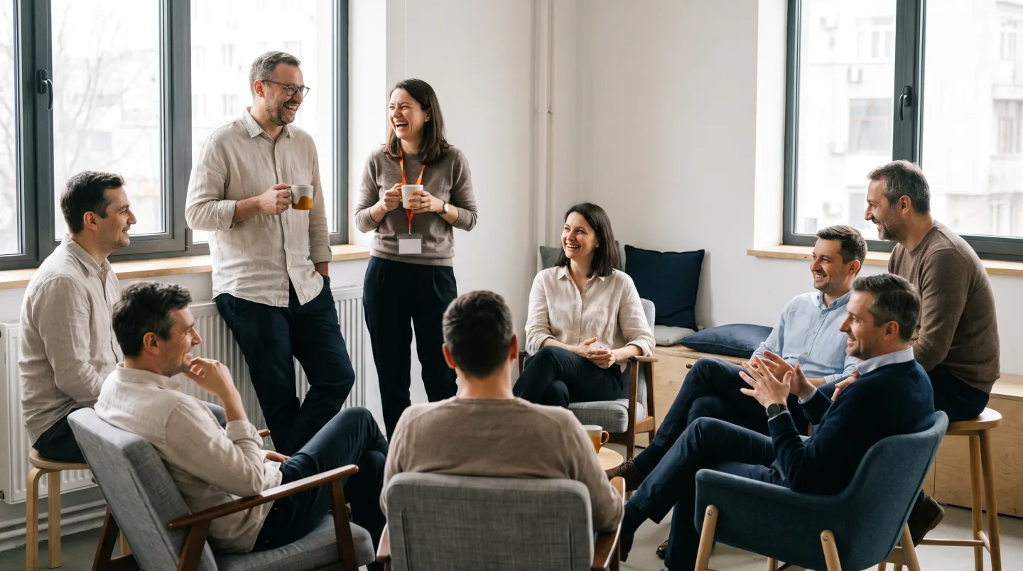 Cerc informal de facilitatori pe scaune neasortate într-o sală luminoasă, câțiva în picioare cu cafeaua în mână, o discuție relaxată între egali.