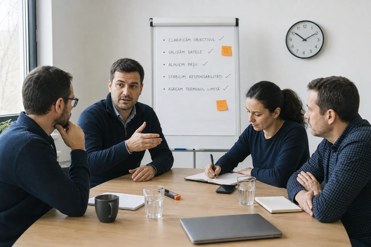 O ședință de lucru cu un ceas de perete vizibil și o coloană scurtă de decizii pe flipchart; patru participanți în discuție activă la masă.